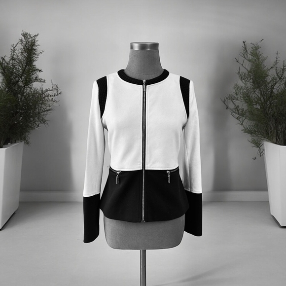 Women Blazer IVANKA TRUMP Black White Colorblock Zip Front Long Sleeve Cardigan - Picture 2 of 7